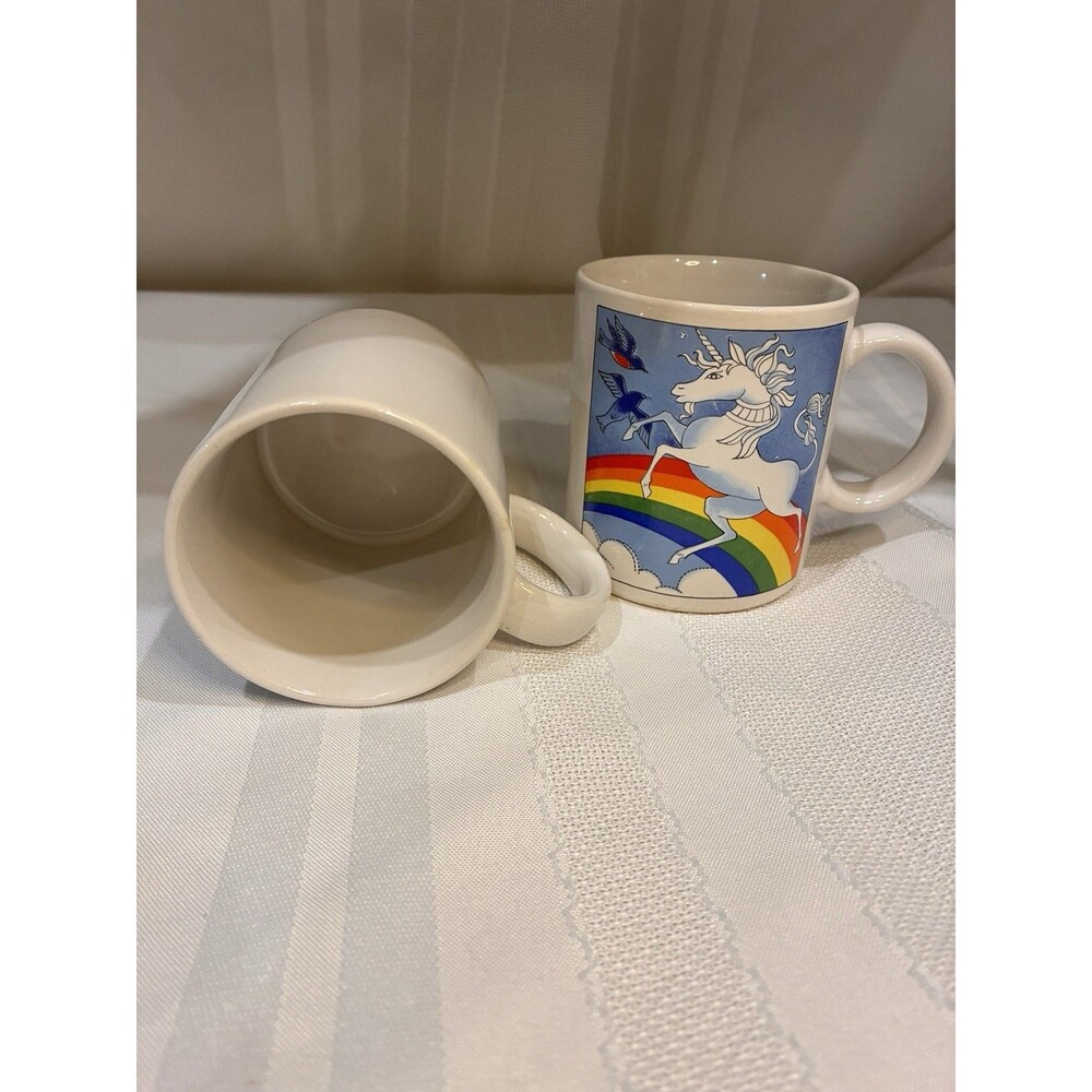 (2) Vtg. 1980s Fred Roberts Co Japan Rainbow Pegasus Winged Unicorn Coffee Mug